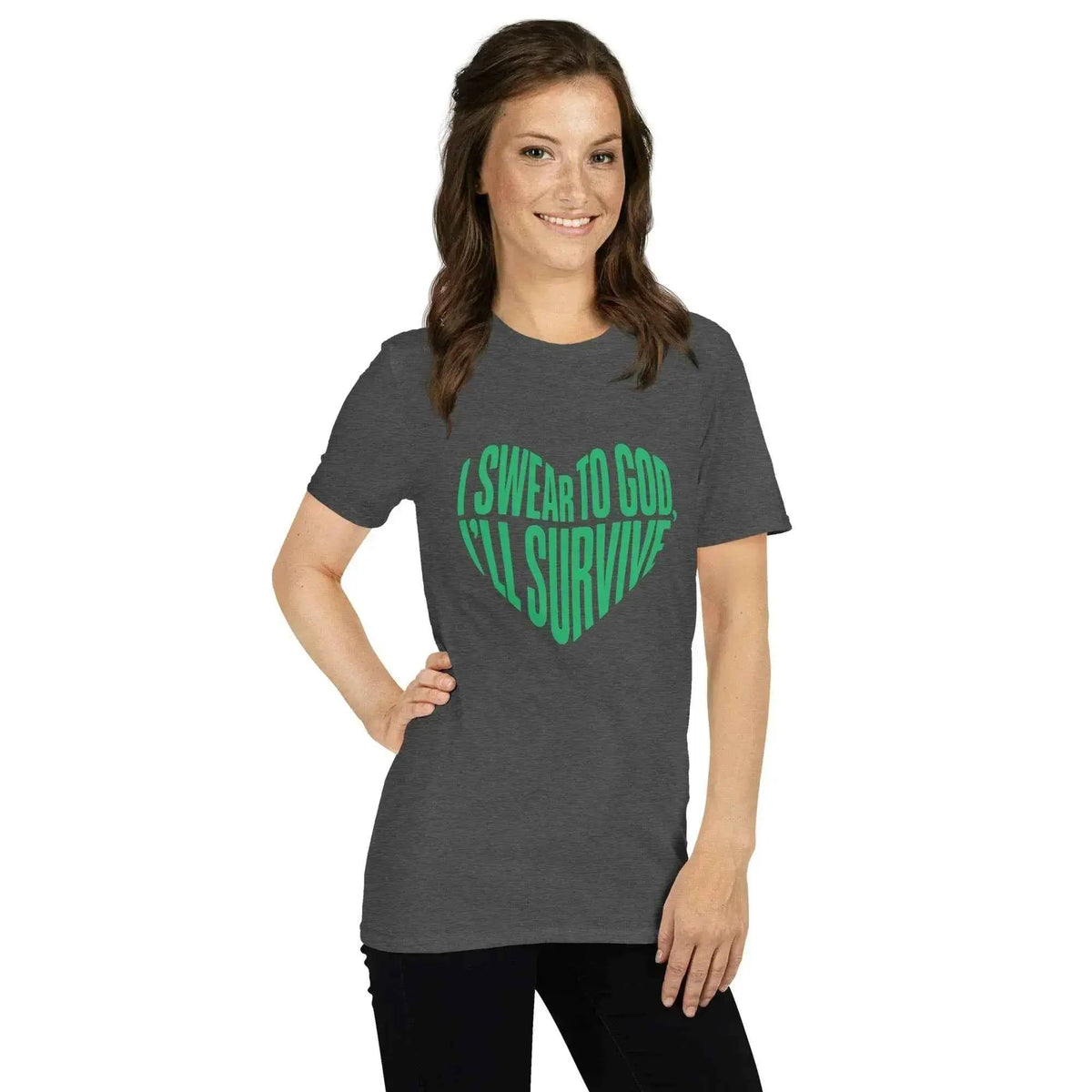 Unisex dark gray graphic T-shirt with green heart "I SWEAR TO GOD" slogan