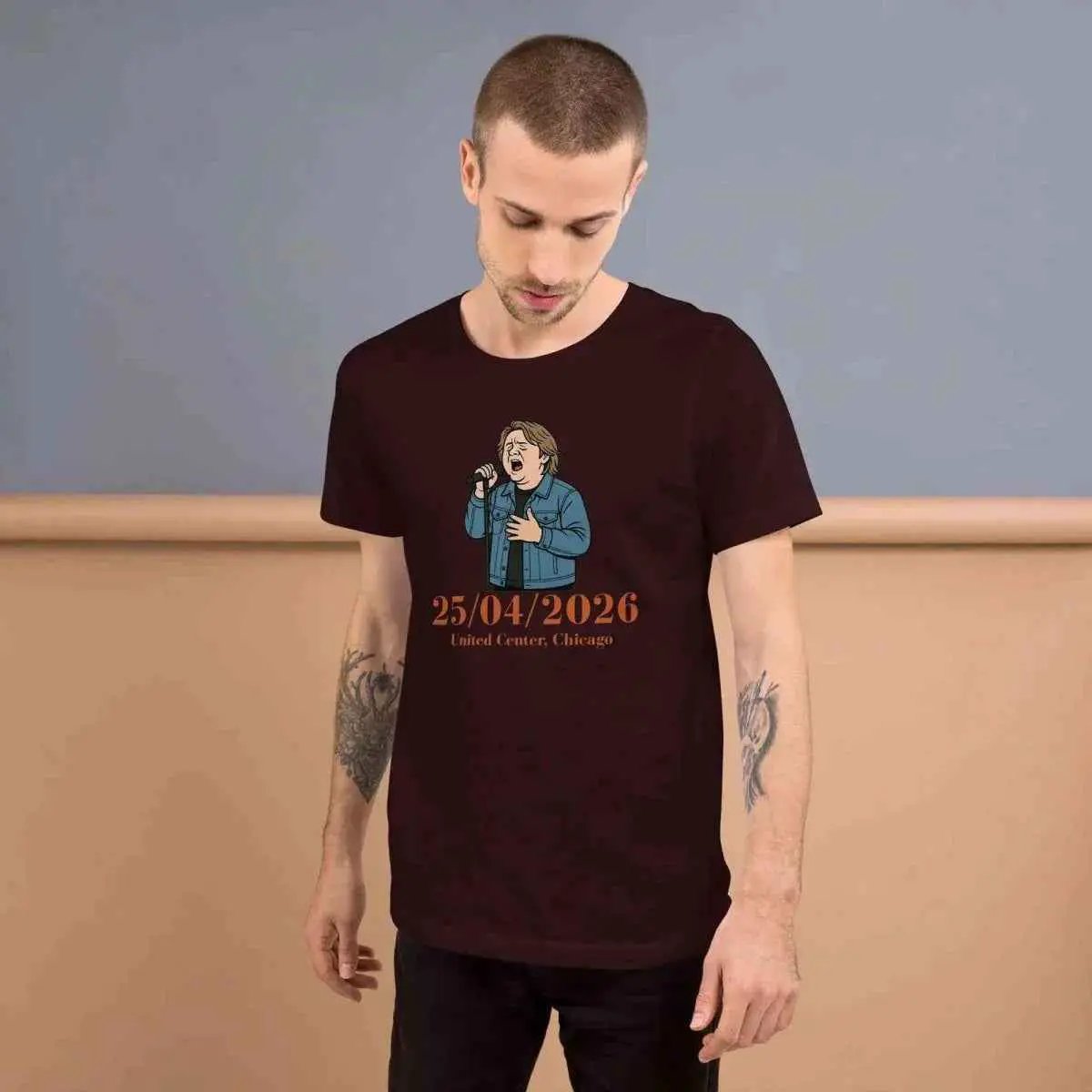 Oxblood red unisex graphic T-shirt with front portrait and 25/04/2026 date print