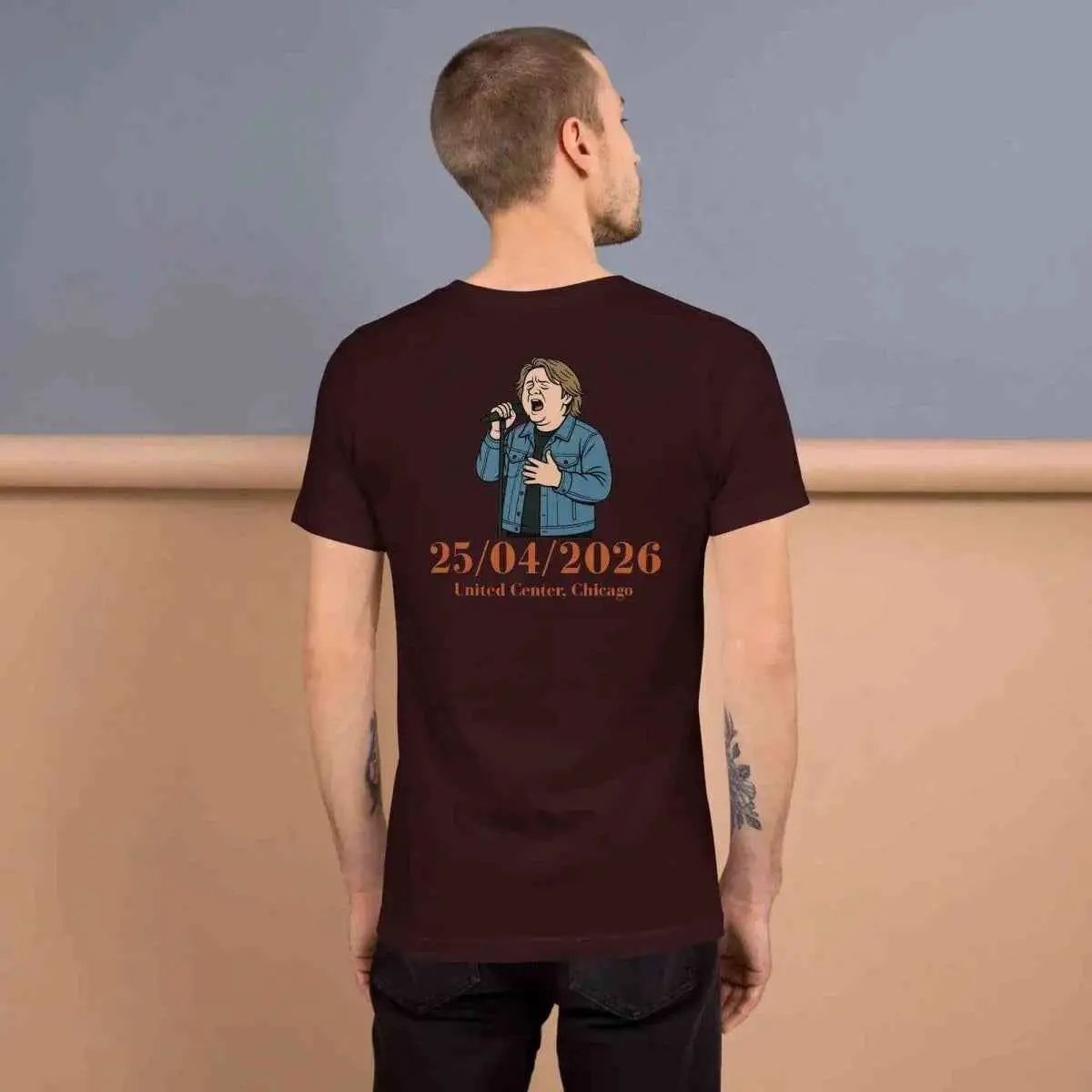 Oxblood red unisex graphic T-shirt with back portrait and 25/04/2026 date print