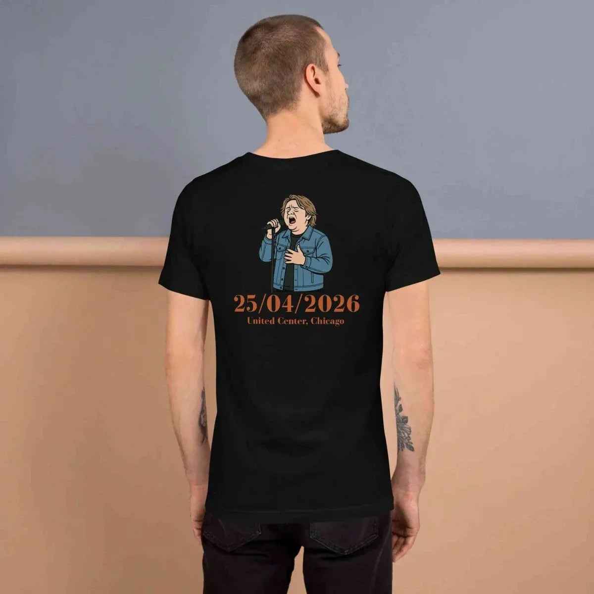 Black crew-neck unisex graphic tee with centered back portrait and 25/04/2026 print