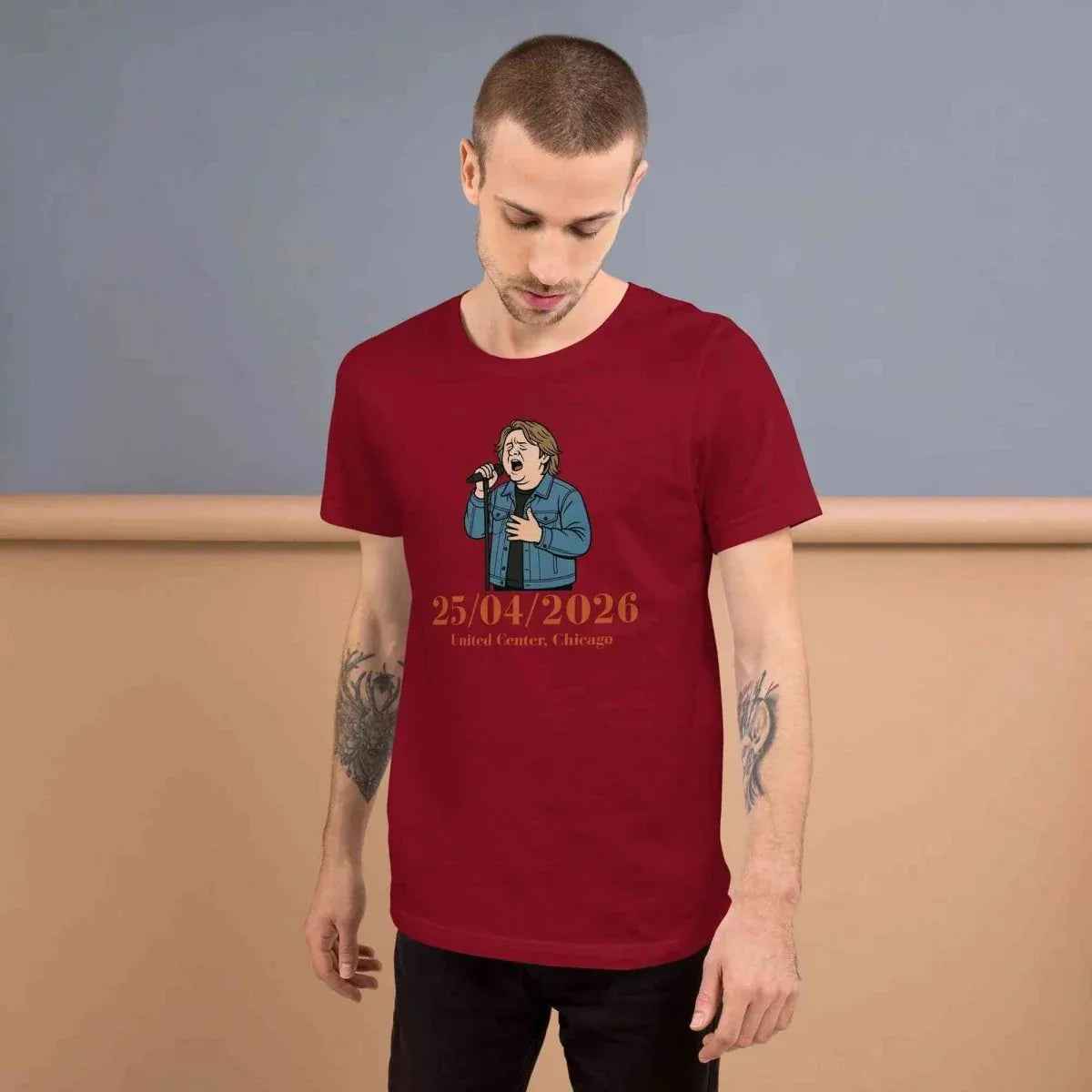 Unisex graphic T-shirt, deep red, front view with illustrated date and character