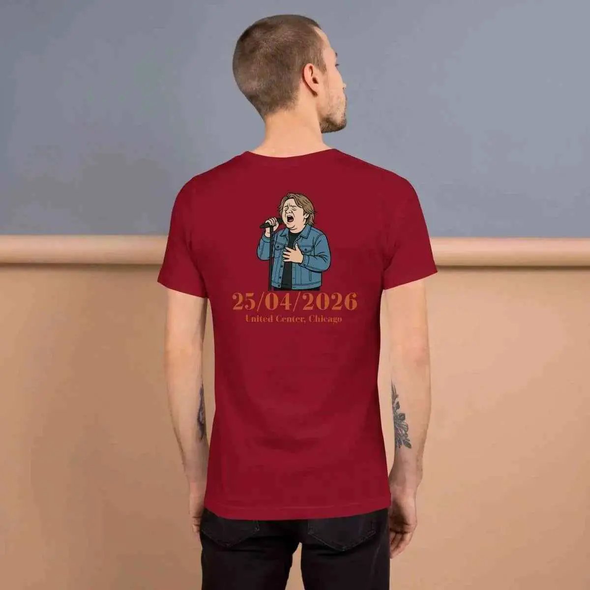Unisex graphic T-shirt, deep red, back view with illustrated date and character