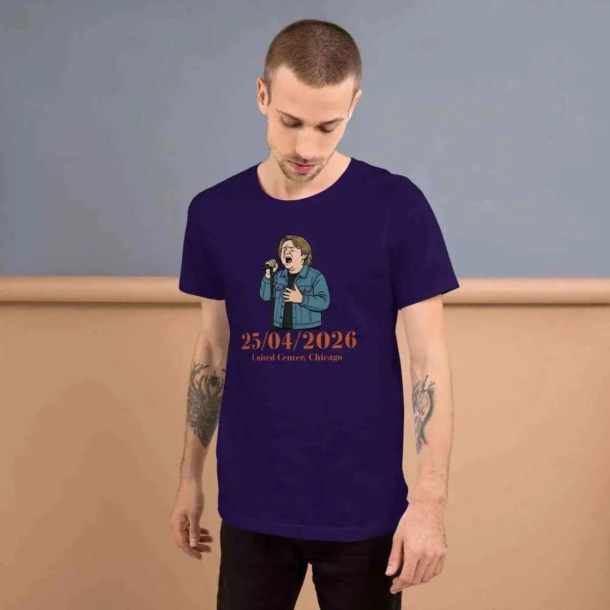 Purple unisex graphic T-shirt with front portrait and 25/04/2026 date print