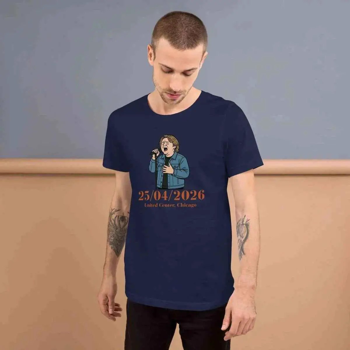 Unisex graphic T-shirt, navy blue, front view with illustrated date and character
