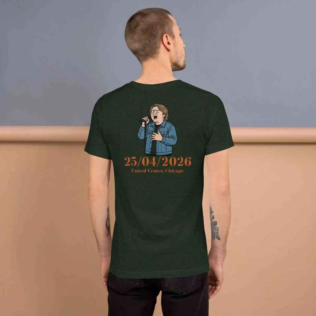 Unisex graphic T-shirt, dark green, back view with illustrated date and character