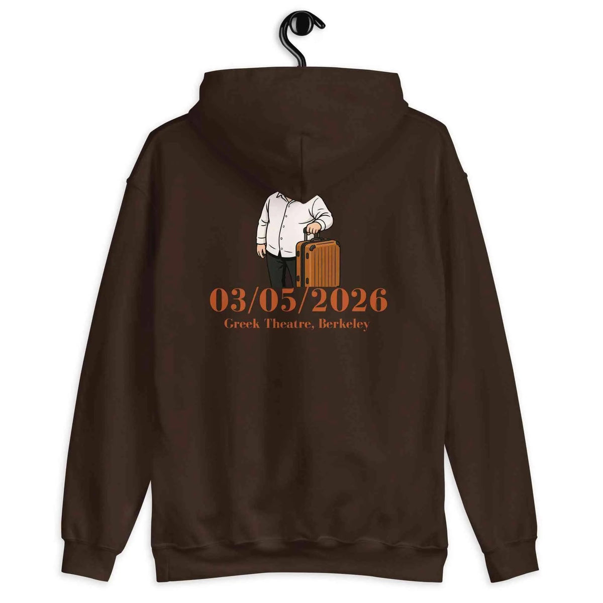 Dark chocolate unisex cotton hoodie with back graphic and pullover hood.