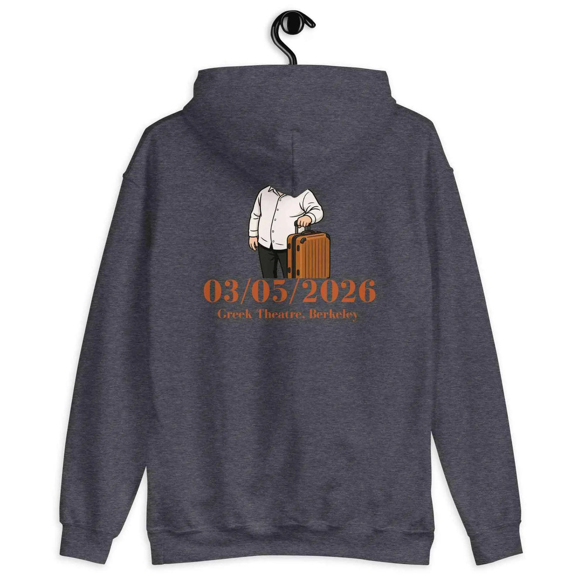 Dark heather unisex cotton hoodie, back view, tour date print and hood
