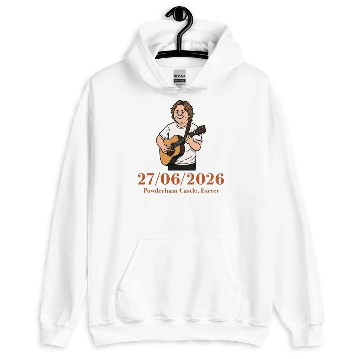 Unisex tour hoodie in white, front graphic with guitar and date