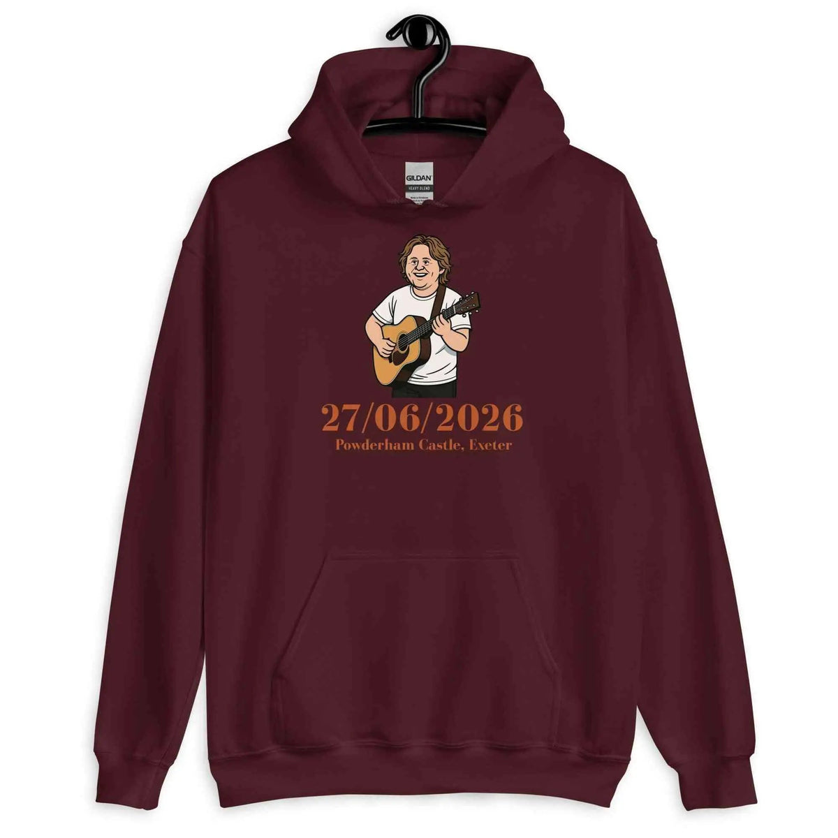 Unisex maroon tour hoodie with front graphic and kangaroo pocket