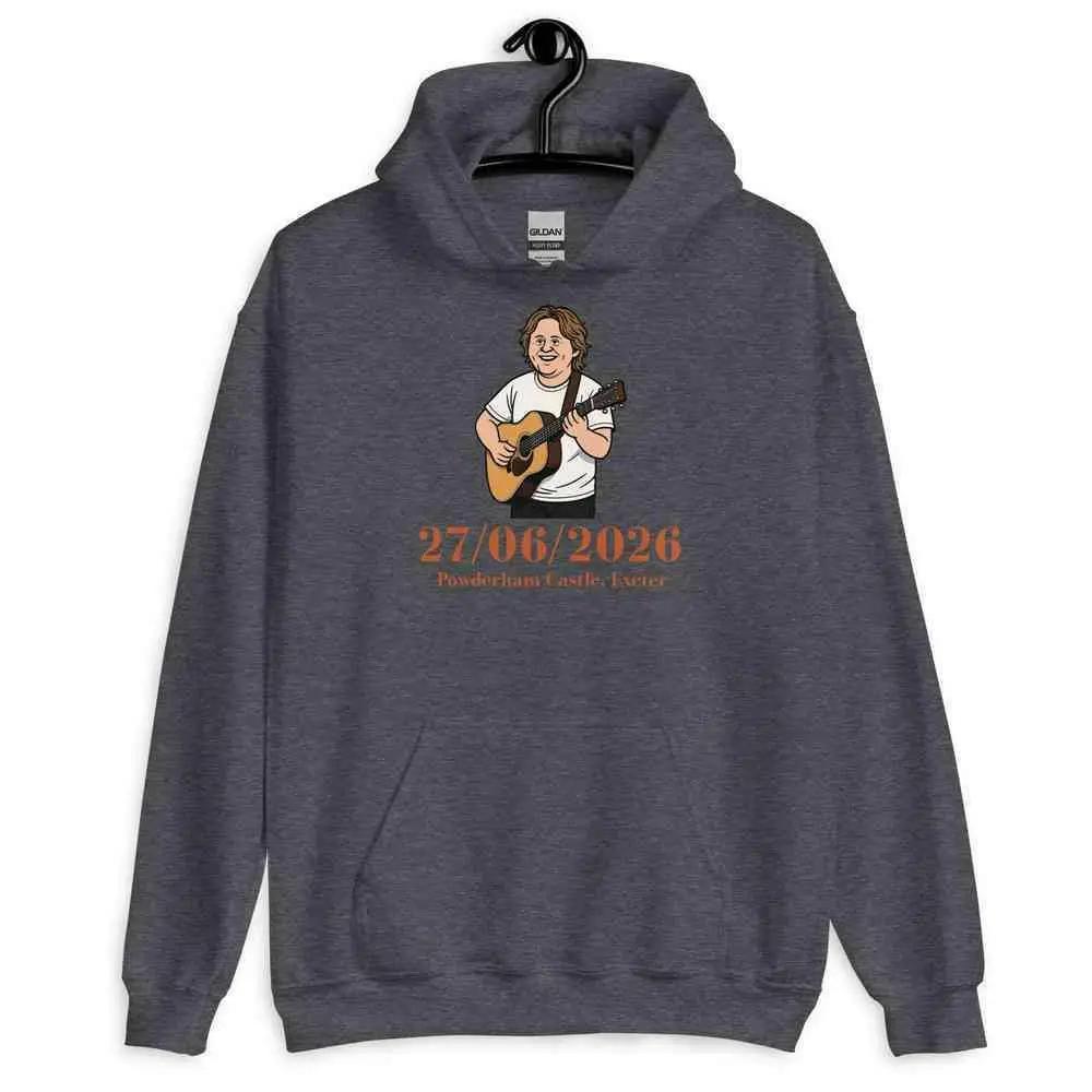 Unisex tour hoodie in dark heather gray, front graphic with guitar and date