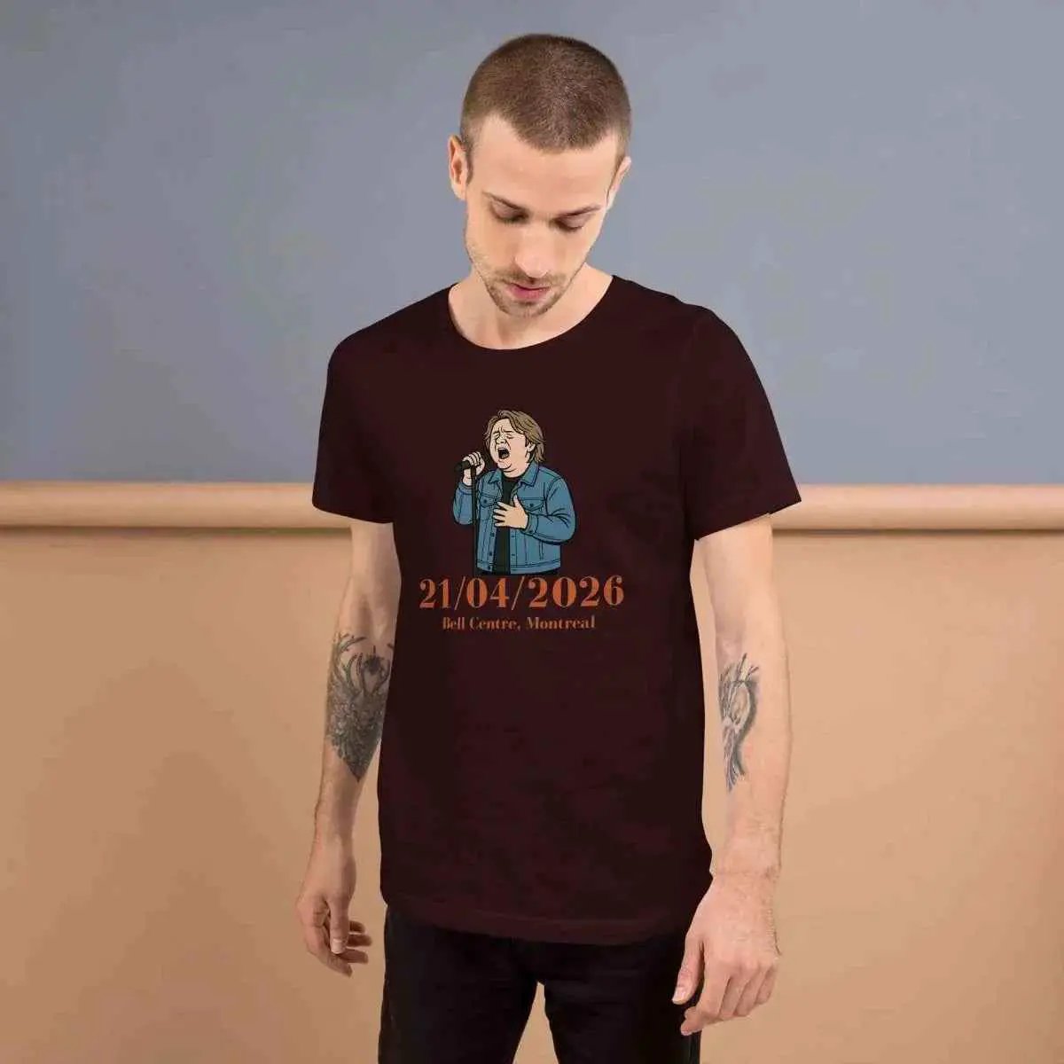 Oxblood fan tee with mic graphic and text 21/04/2026, Bell Centre Montreal
