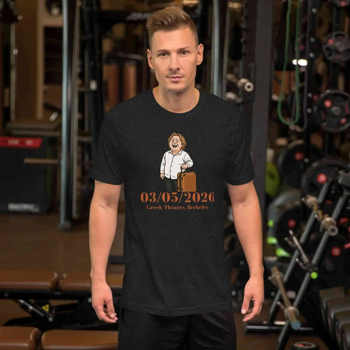 Black unisex tour T-shirt, front graphic with 03/05/2026 date and microphone