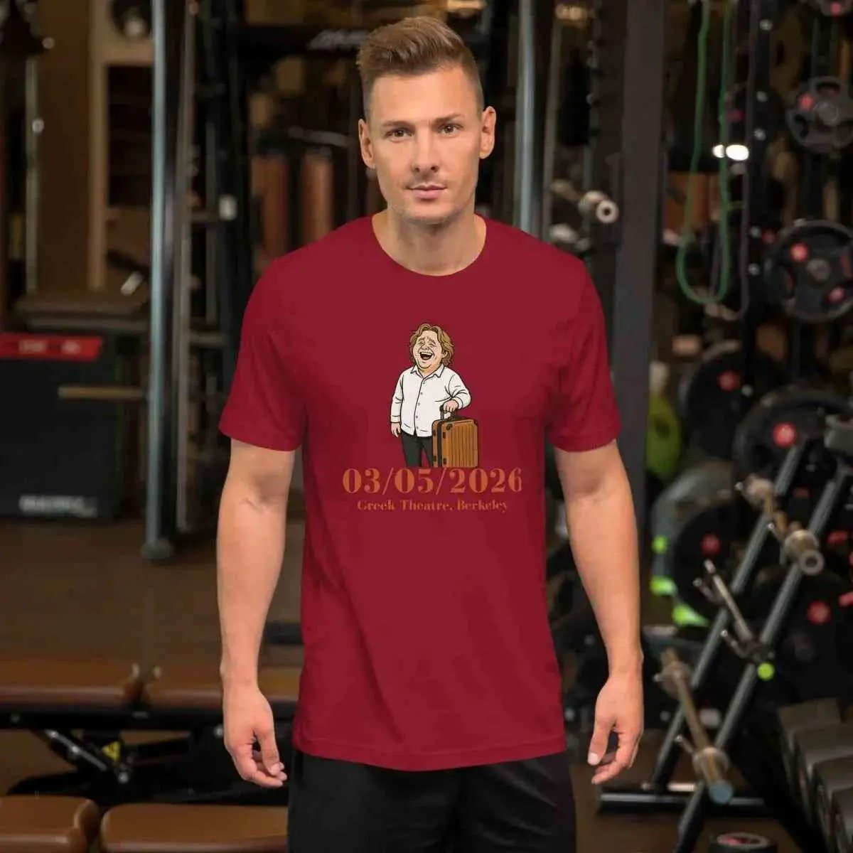 Maroon unisex graphic T-shirt with front cartoon and date text