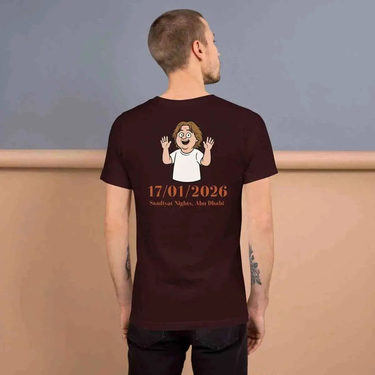 Unisex burgundy cotton T-shirt, back graphic print with date and cartoon figure
