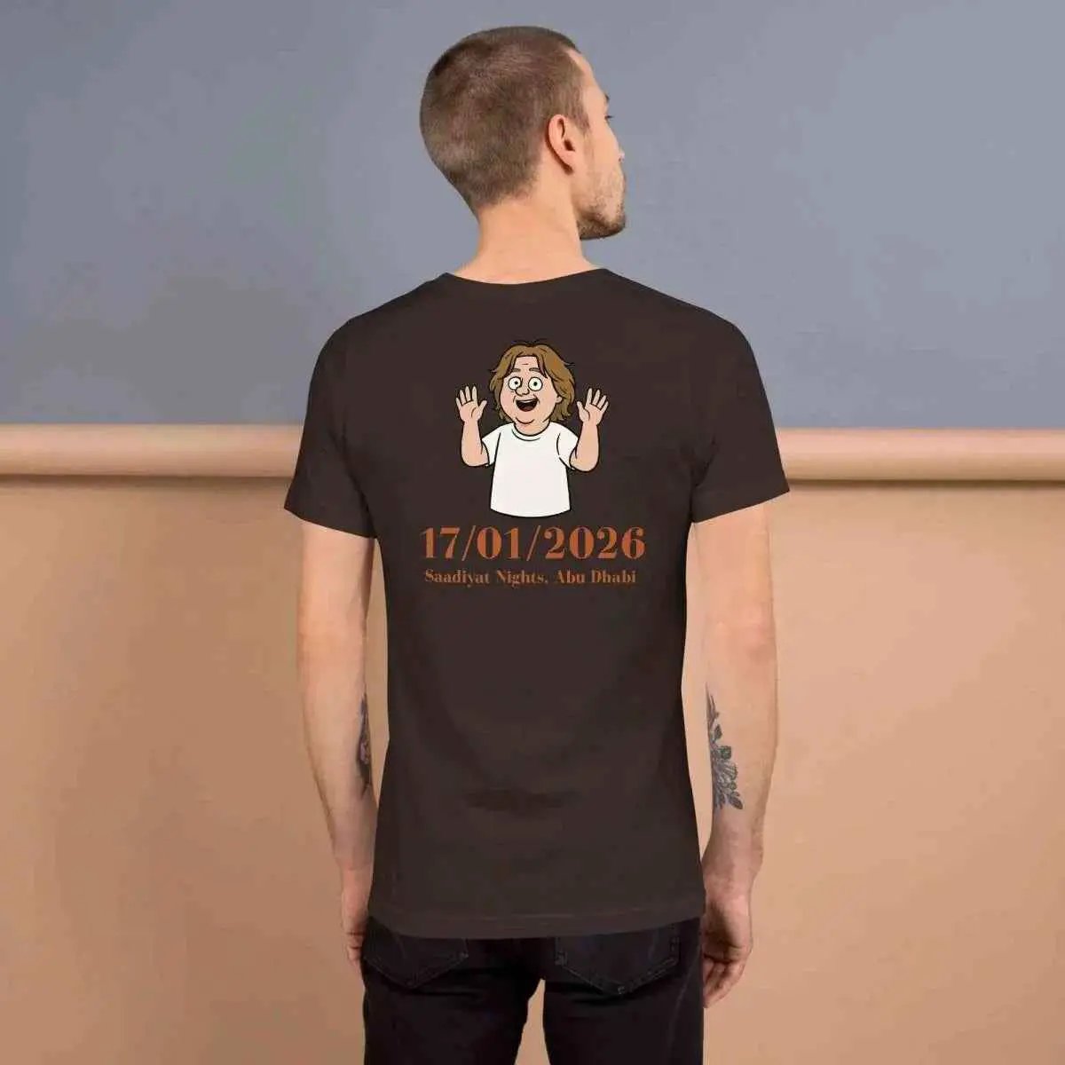 Unisex brown cotton T-shirt with back cartoon graphic and 17/01/2026 date print