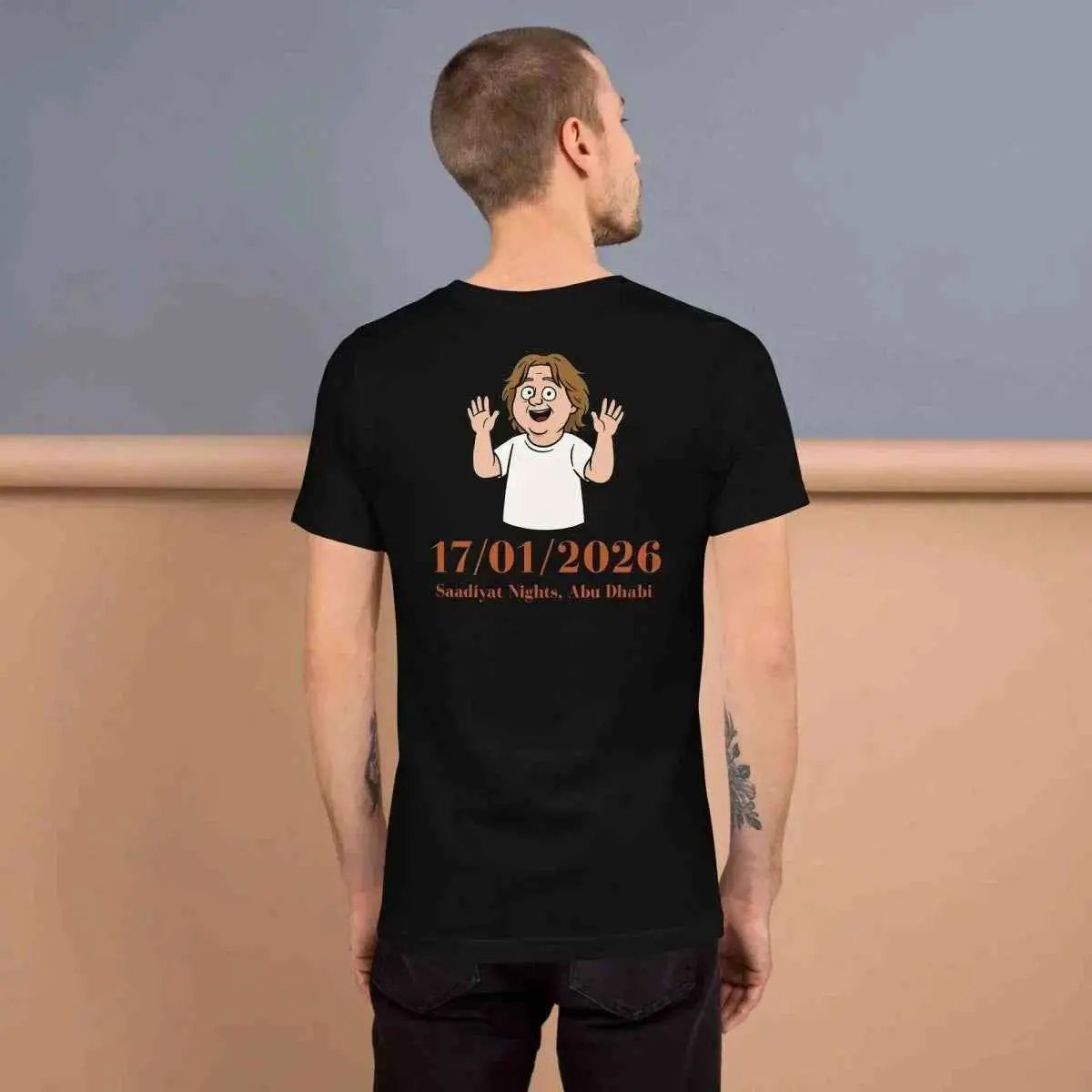 Unisex black cotton T-shirt, back view with centered date and cartoon figure graphic