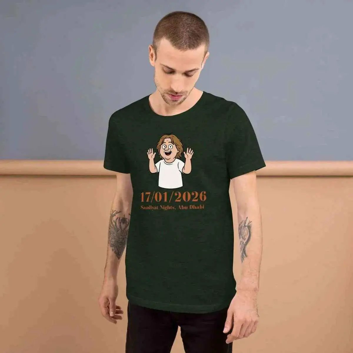 Unisex dark green cotton T-shirt with front cartoon graphic and 17/01/2026 print