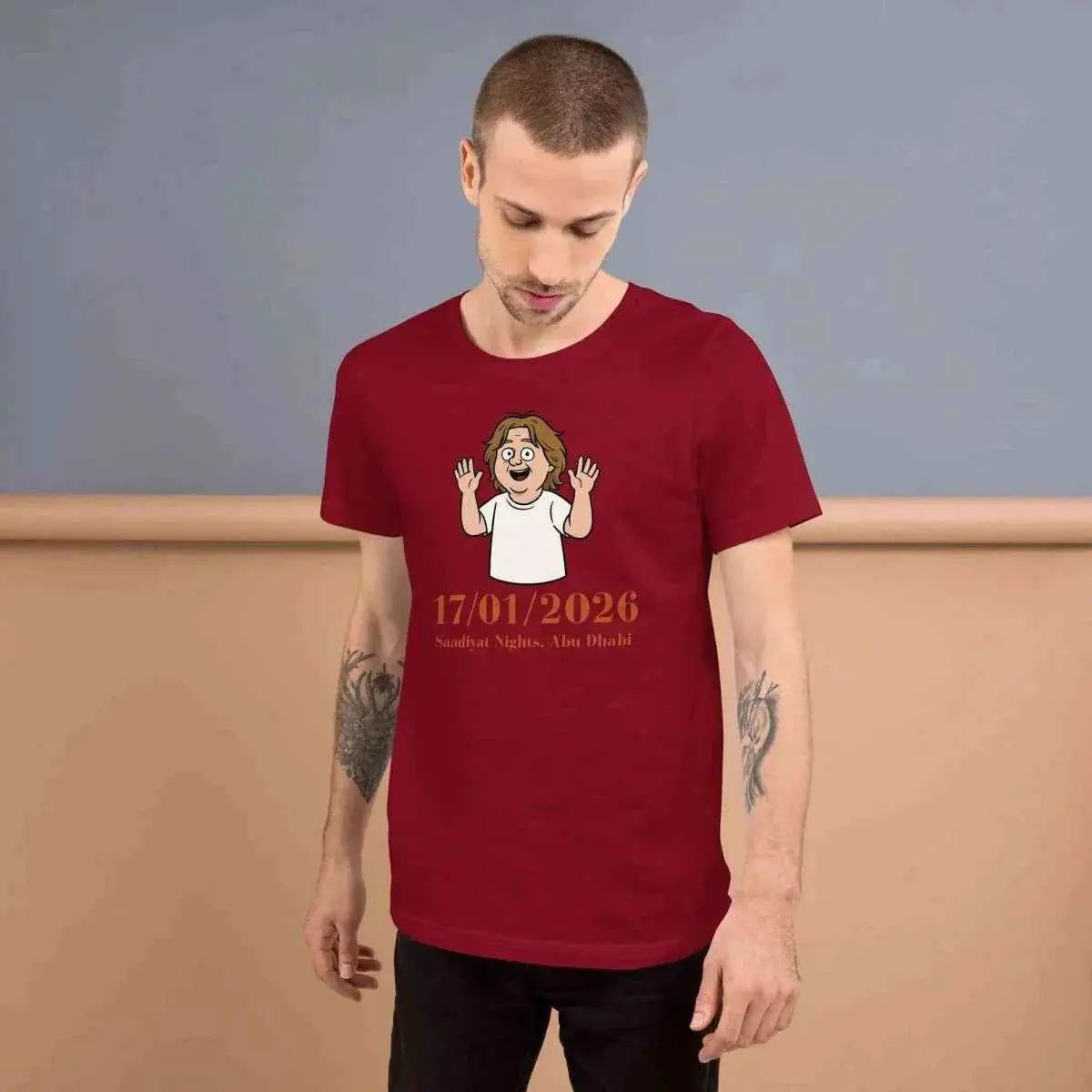 Unisex red cotton T-shirt with front cartoon graphic and 17/01/2026 print