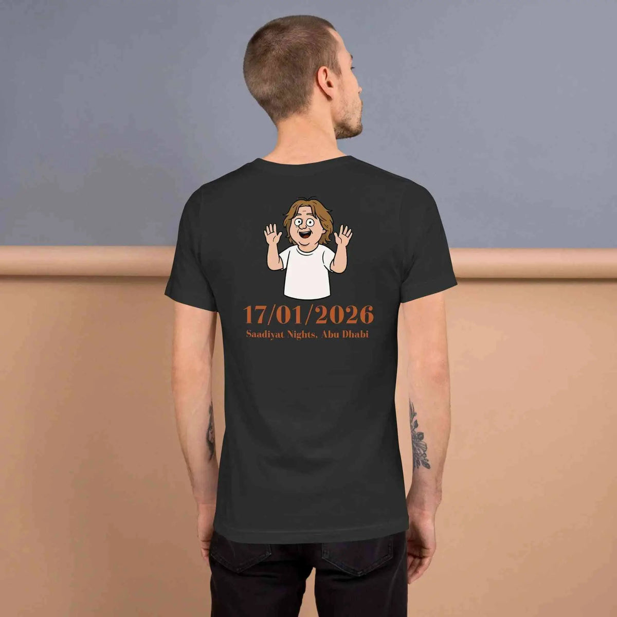 Unisex black cotton T-shirt with back cartoon graphic and 17/01/2026 date print