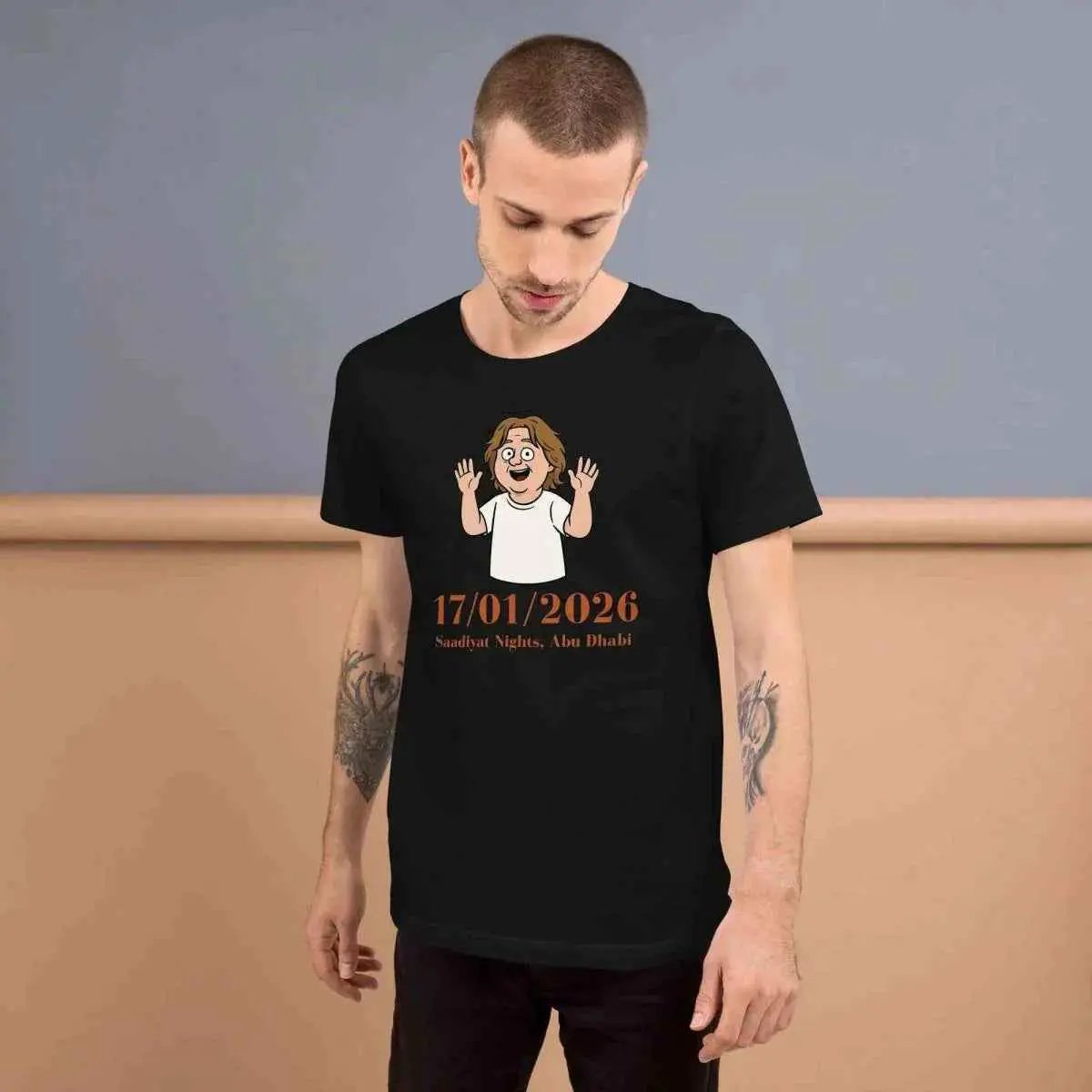 Unisex black cotton T-shirt, front graphic with date text and waving cartoon