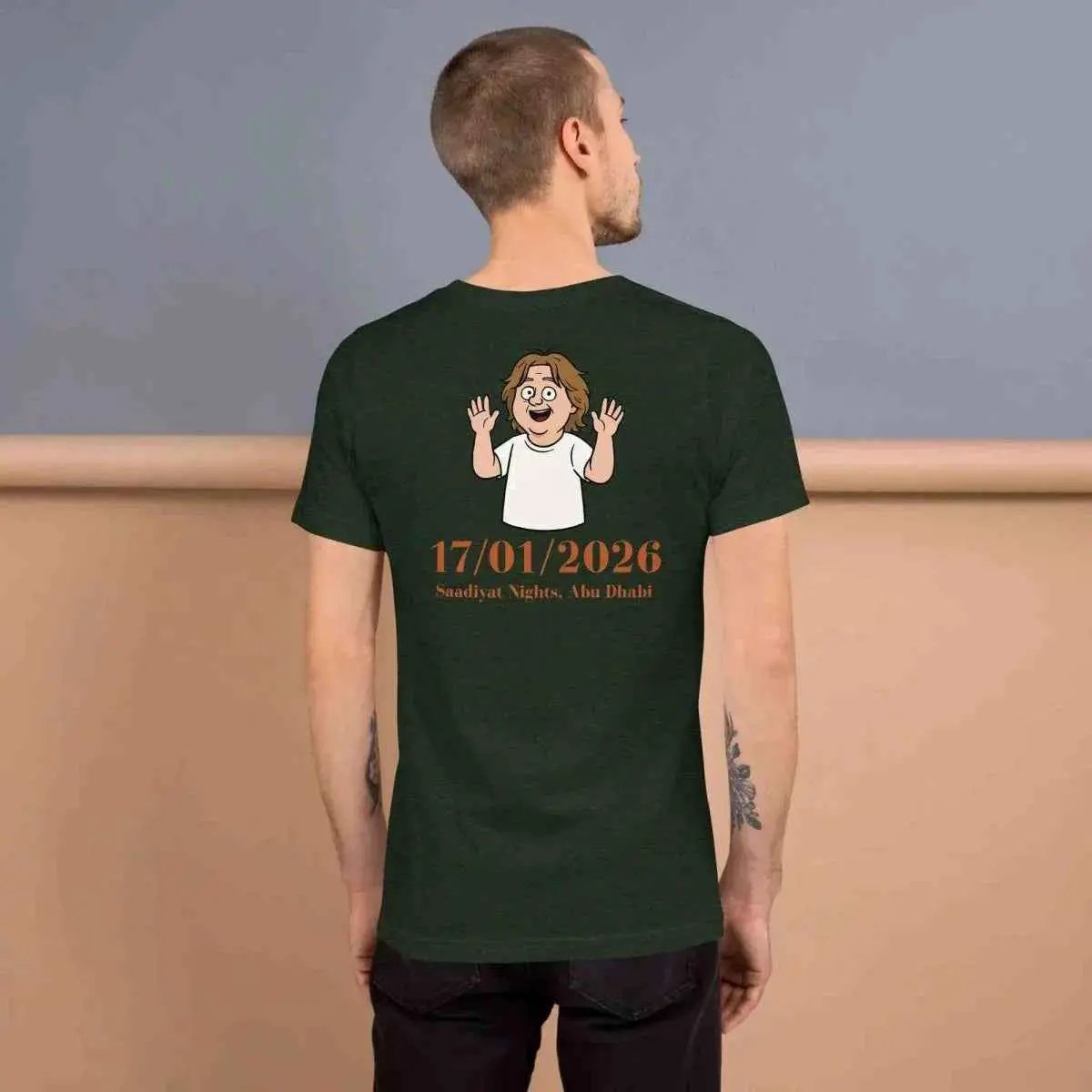 Unisex dark green cotton T-shirt with back cartoon graphic and 17/01/2026 date print