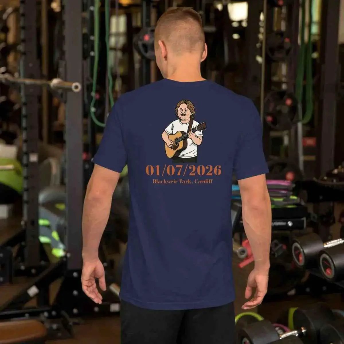 Navy blue unisex graphic T-shirt, back print with cartoon guitarist and orange date