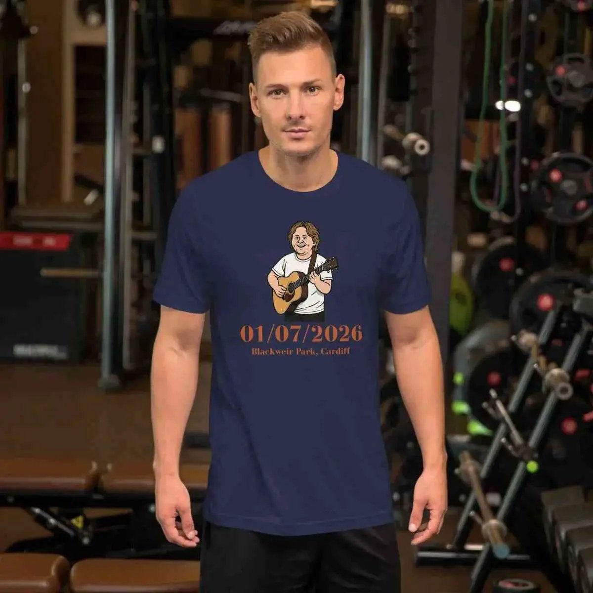 Navy blue unisex graphic T-shirt with cartoon guitarist and orange date text