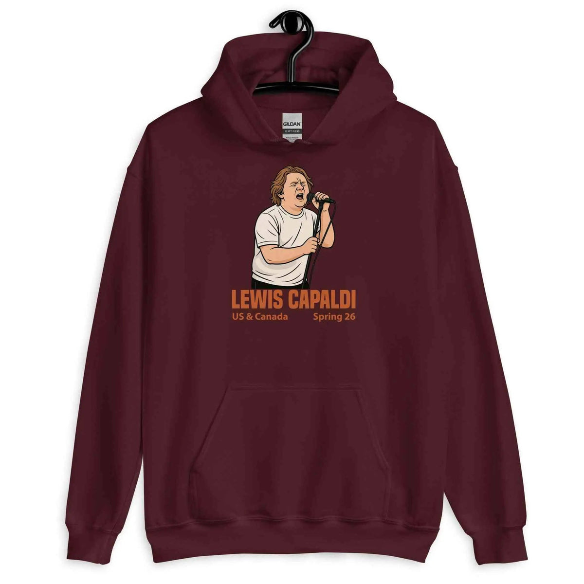 Unisex cotton blend tour hoodie, maroon, front graphic with Lewis Capaldi