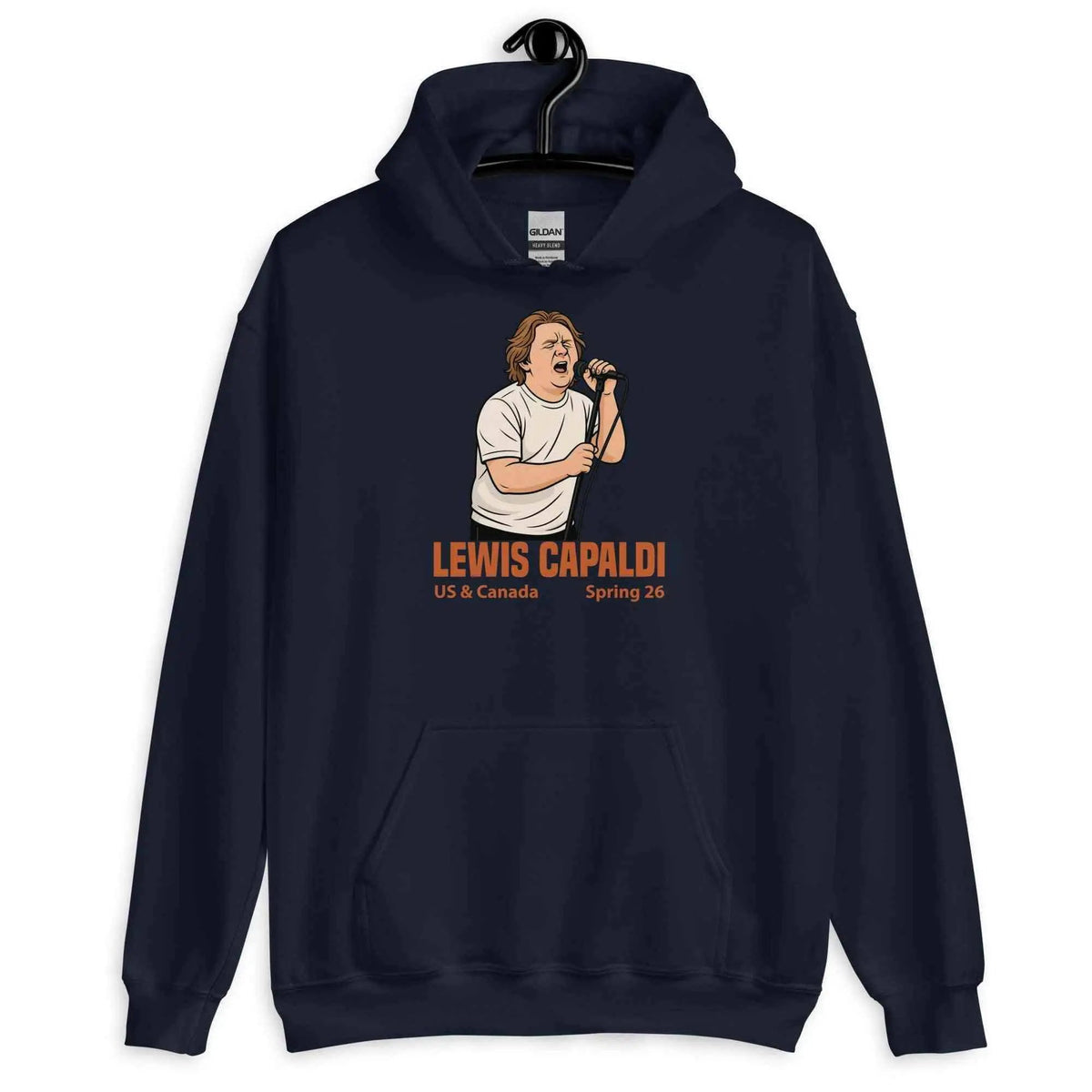 Unisex cotton blend tour hoodie, navy, front graphic with Lewis Capaldi