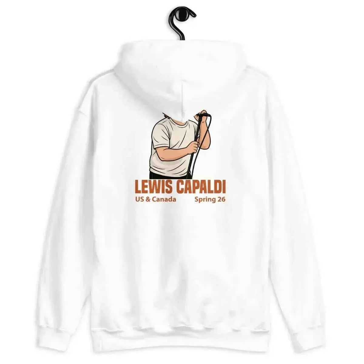 Unisex cotton blend tour hoodie, white, back graphic with Lewis Capaldi
