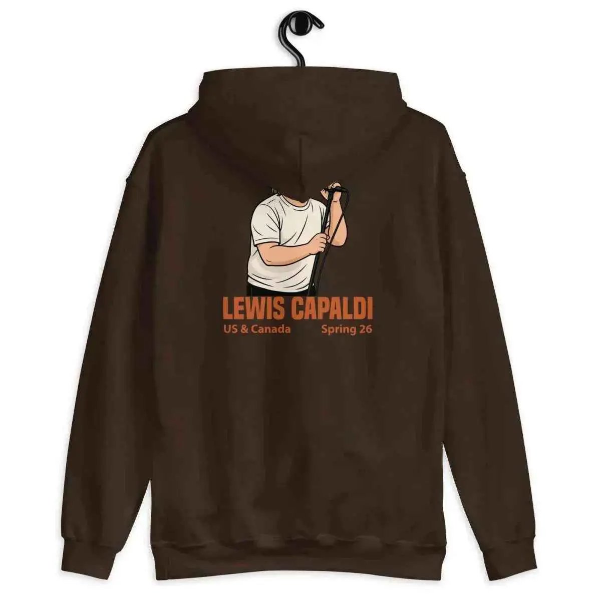 Unisex cotton blend tour hoodie, dark brown, back graphic with Lewis Capaldi
