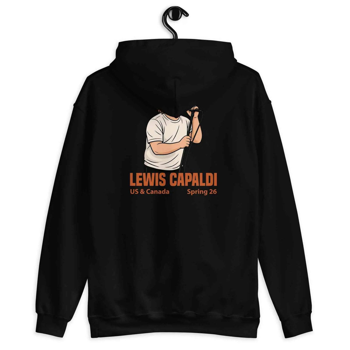 Unisex cotton blend tour hoodie, black, back graphic with Lewis Capaldi