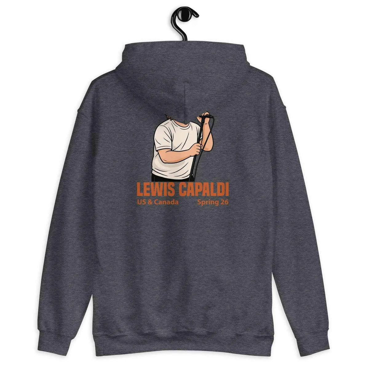 Unisex navy pullover hoodie with front pocket and hood drawstrings, back graphic