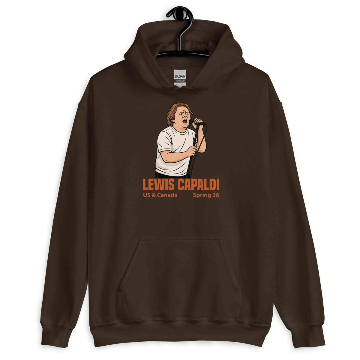 Unisex cotton blend tour hoodie, dark brown, front graphic with Lewis Capaldi