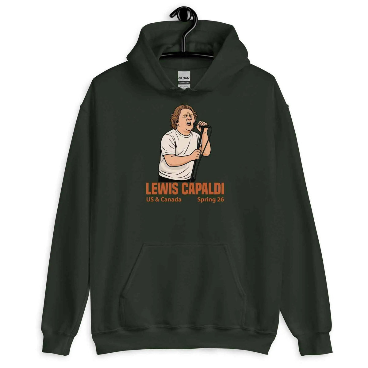 Unisex dark green pullover hoodie with front pocket and hood drawstrings, front graphic