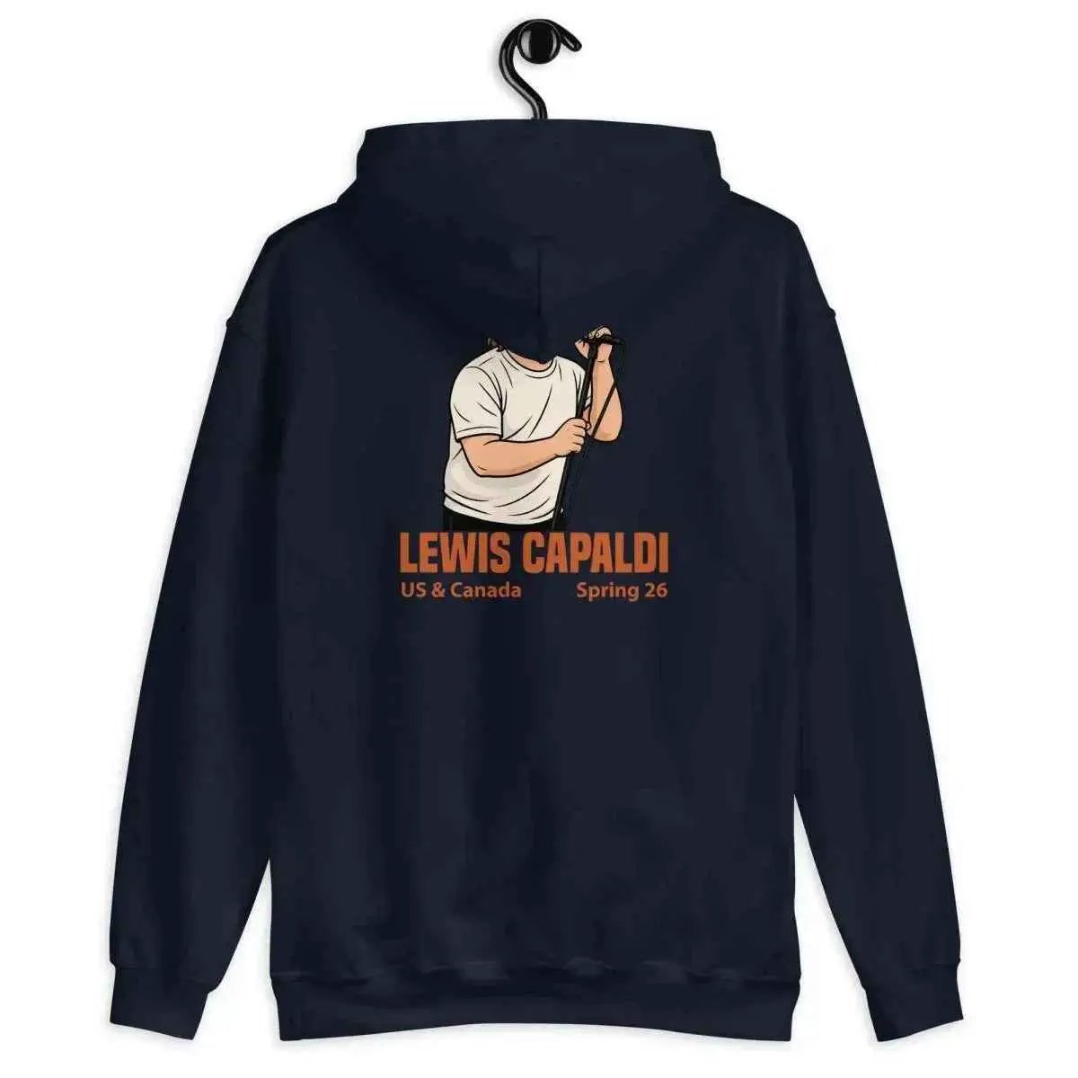 Unisex cotton blend tour hoodie, navy, back graphic with Lewis Capaldi