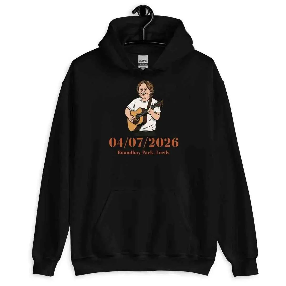 Black pullover hoodie with guitar performer graphic, 04/07/2026 print, front pocket
