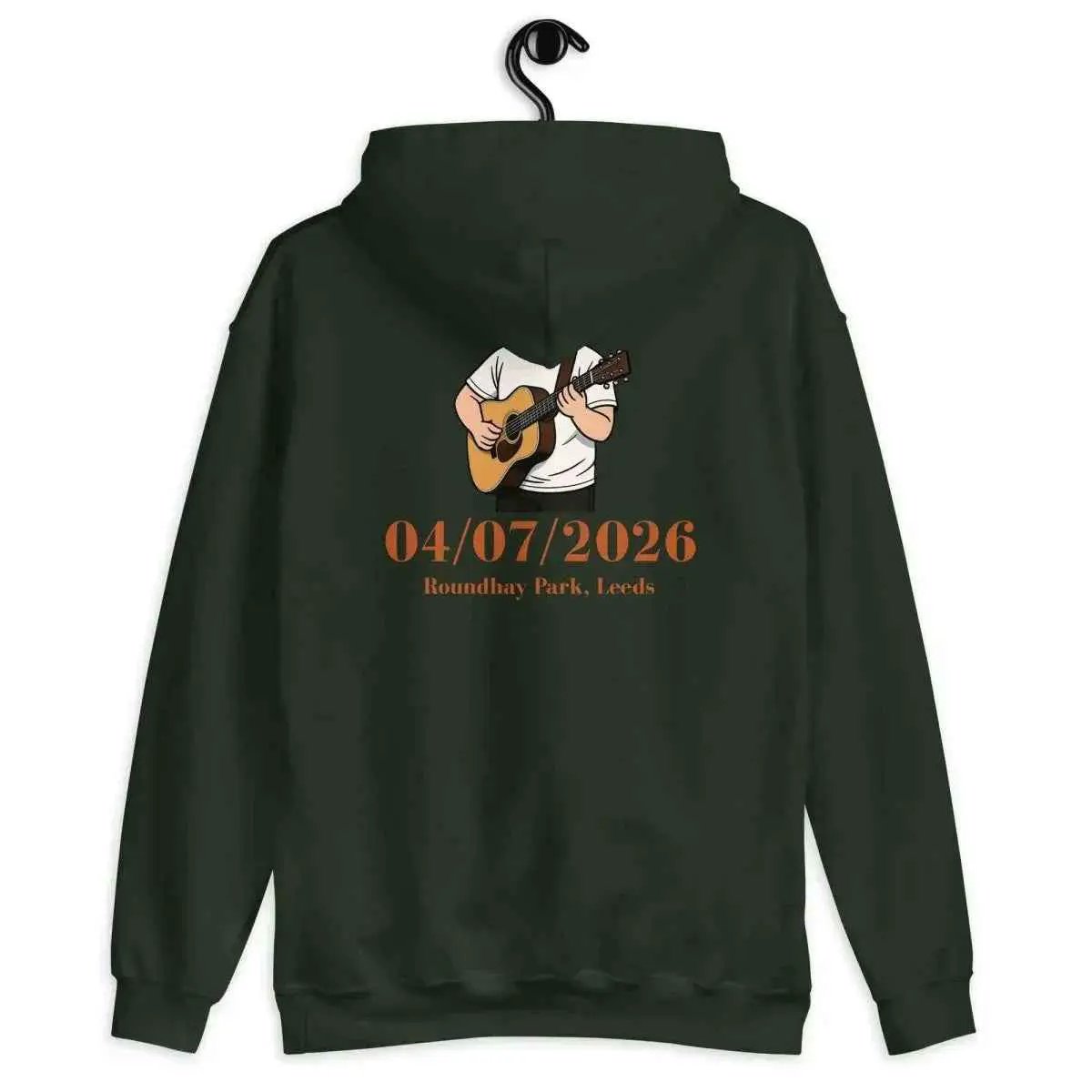 Forest green pullover hoodie with guitar performer and back 04/07/2026 text, hood and pocket