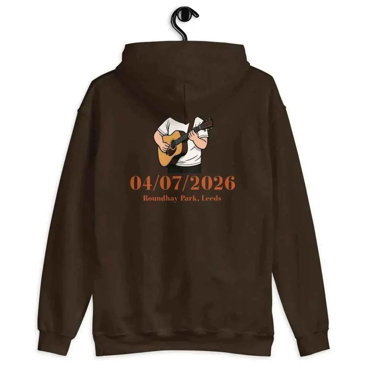 Dark chocolate pullover hoodie with guitar performer and back 04/07/2026 text, hood