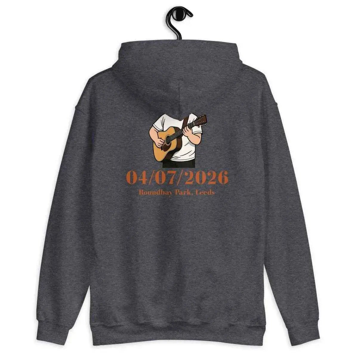Dark heather gray tour hoodie with back graphic and date print