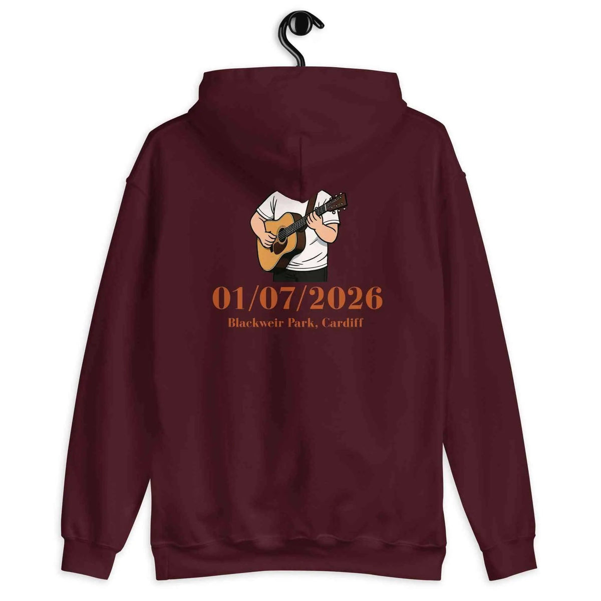 Unisex maroon hoodie with back tour date graphic and kangaroo pocket