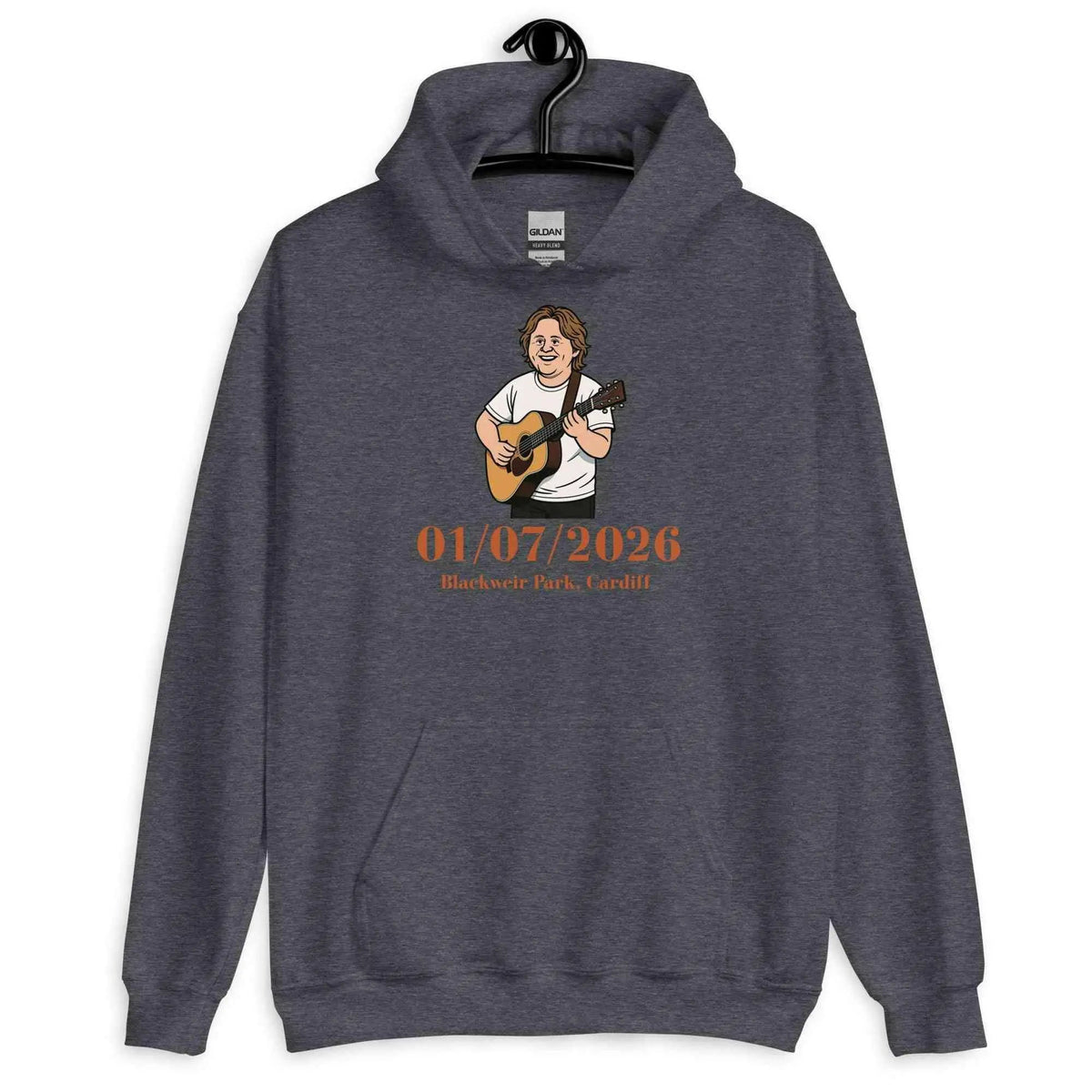 Unisex heather gray hoodie with front concert date graphic and guitar illustration