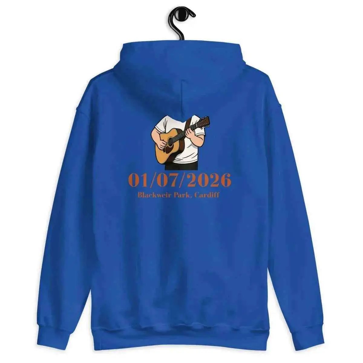 Unisex royal blue hoodie with back concert date graphic and guitar illustration