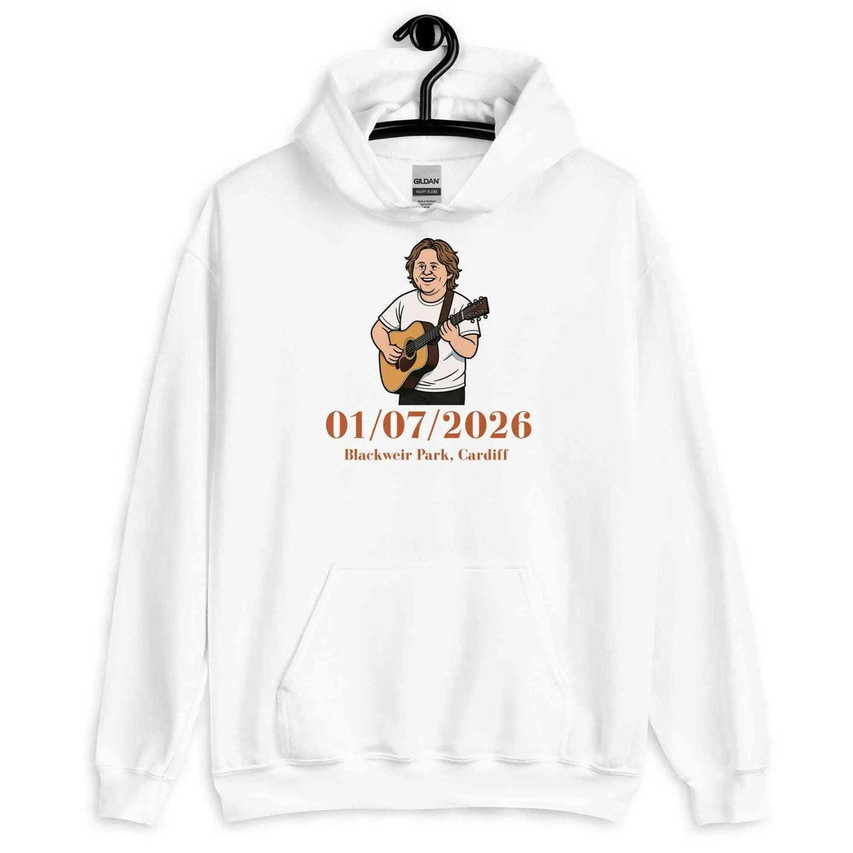 Unisex white hoodie with front concert date graphic and guitar illustration