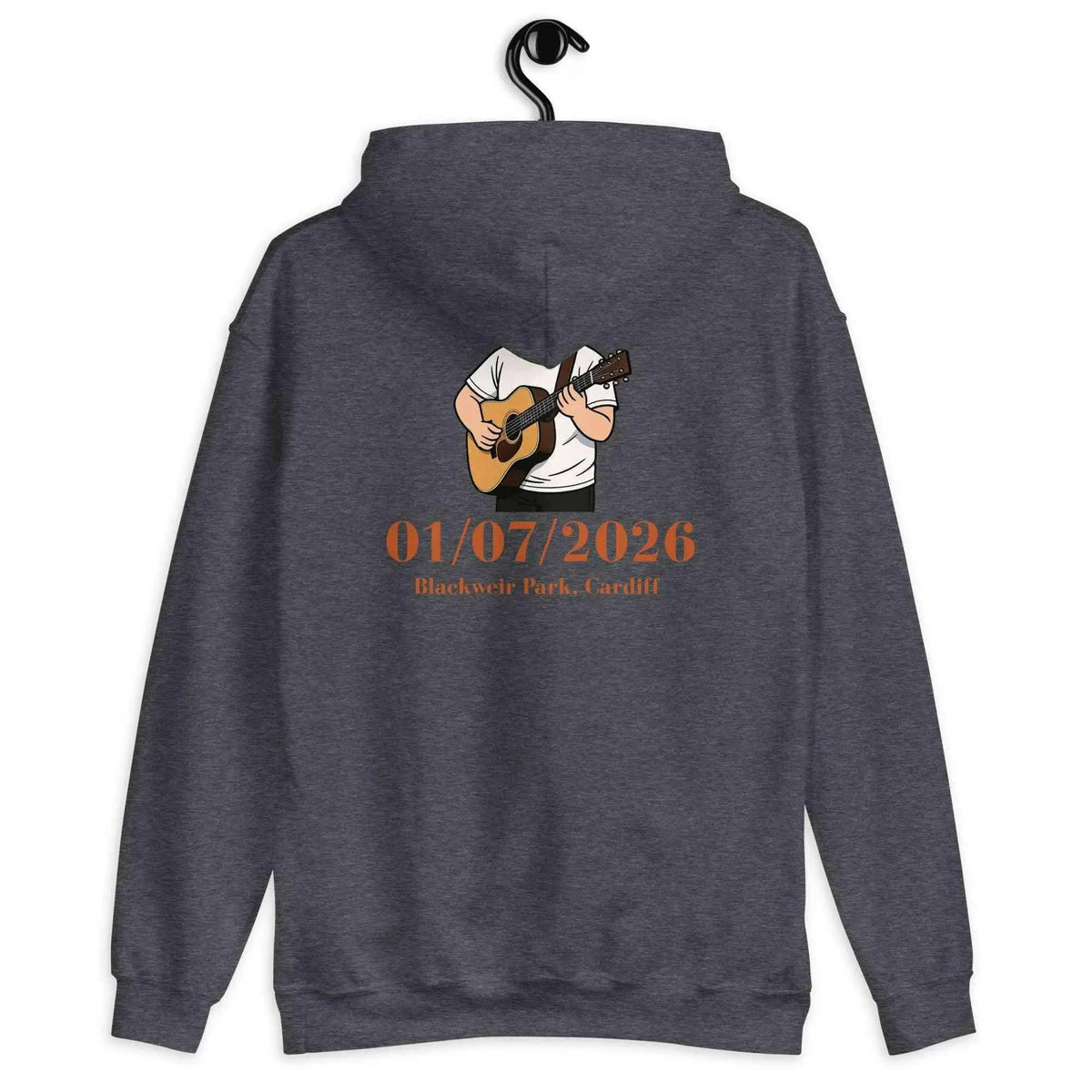 Unisex heather gray hoodie with back concert date graphic and guitar illustration