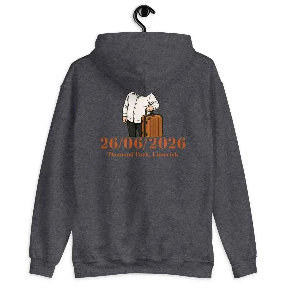 Unisex heather gray pullover hoodie, back graphic print, hood and kangaroo pocket