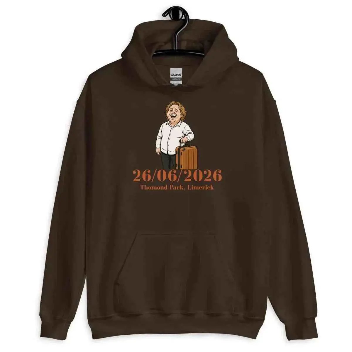 Dark brown unisex pullover hoodie with hood and kangaroo pocket, front date tour graphic