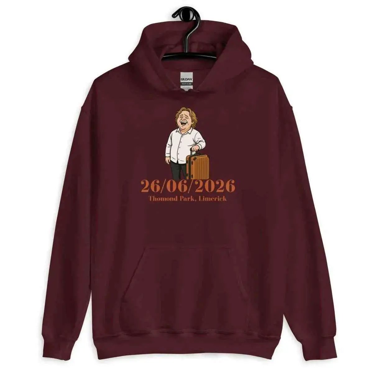 Maroon unisex pullover hoodie with hood and kangaroo pocket, front date tour graphic