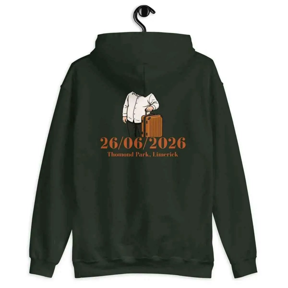 Forest green unisex pullover hoodie with hood and kangaroo pocket, back date tour graphic