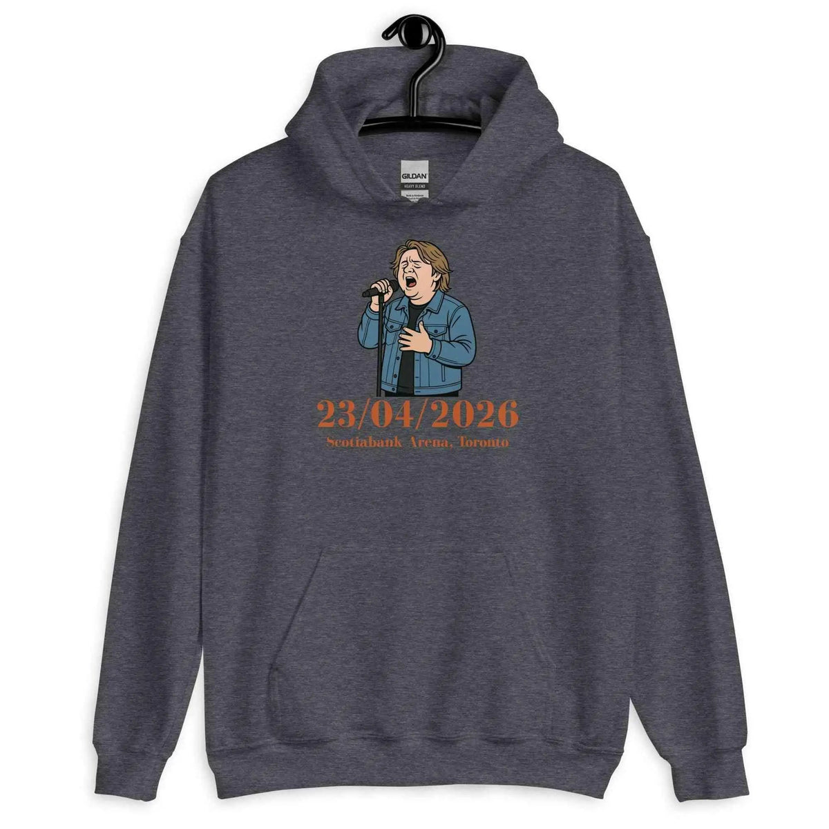 Dark heather tour hoodie with hood, front graphic print, and kangaroo pocket.